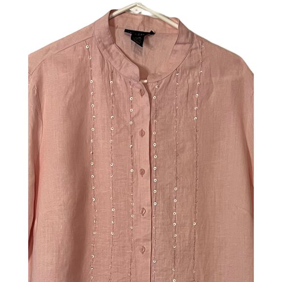 Anne Carson Blouse Womens Size 1X Pink Linen Button Up Front Sequins Side Slits - Picture 3 of 7